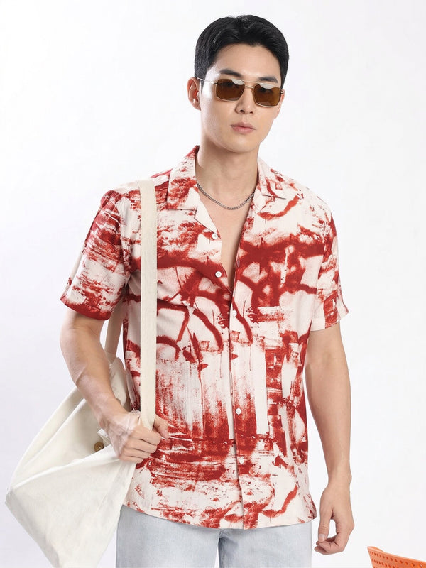 Men Cuban Collar Abstract Printed Casual Shirts