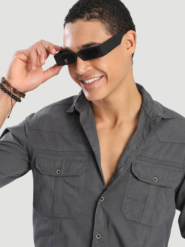 Men Solid Regular Fit Double Pocket Overdyed Casual Shirt
