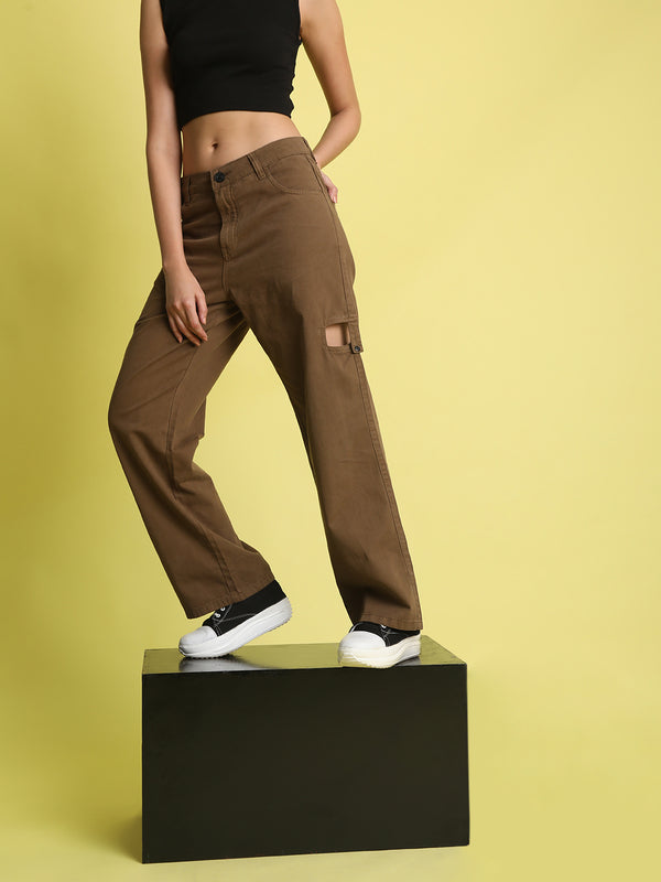 Women Brown Sustainable Trouser with Cut out Detailing