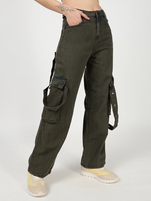 Women Relax Fit Tinted Green Denim Jeans with Eyelet