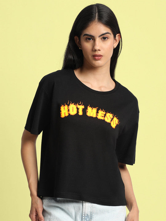 Women Typography Printed Drop-Shoulder Sleeves Pure Cotton Oversized T-Shirt