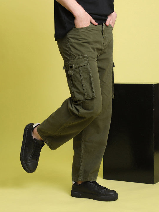 Men Olive Loose Fit Cargos Trousers