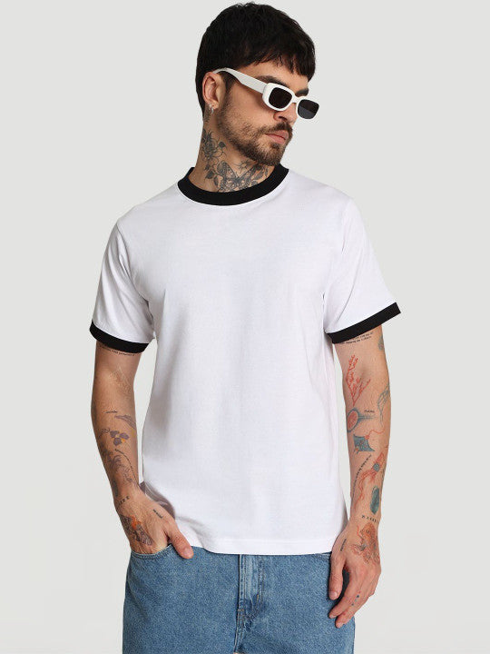 Men White Ringer Regular fit Cotton Tshirt
