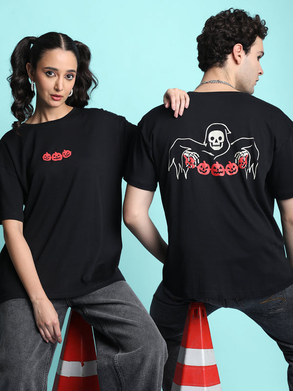 Men Oversize Fit Black Halloween Glow-in-the-Dark Skull T-Shirt