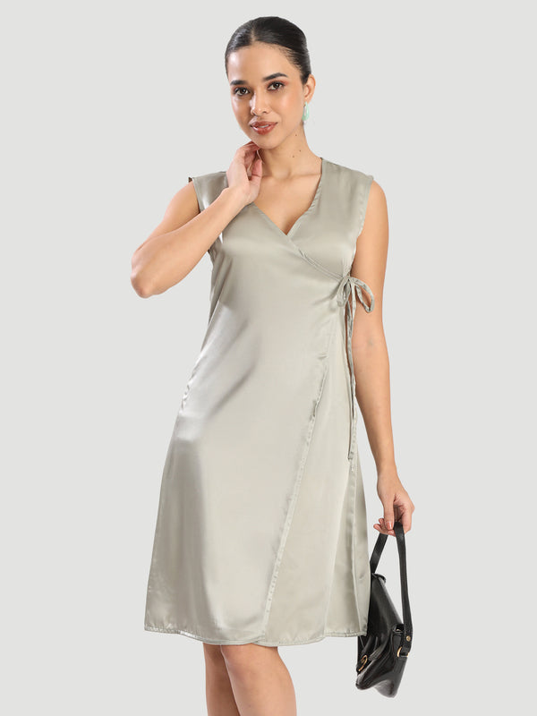 Women Satin Midi Tie Up Party Dress