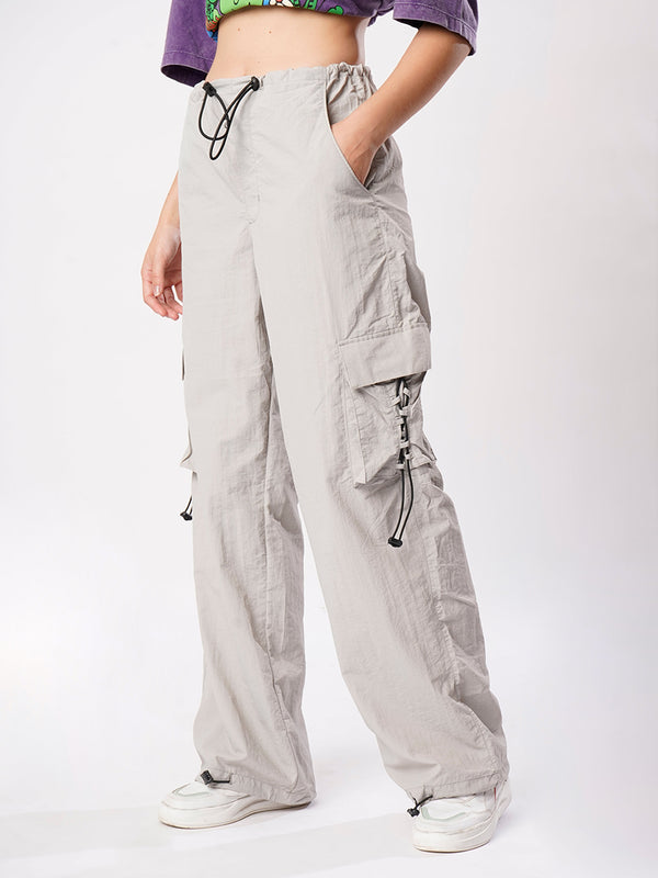 Women Grey  Parachute Fit  Crushed Nylon Cargos Trouser