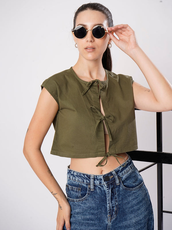 Women Olive Front Tie-up Top