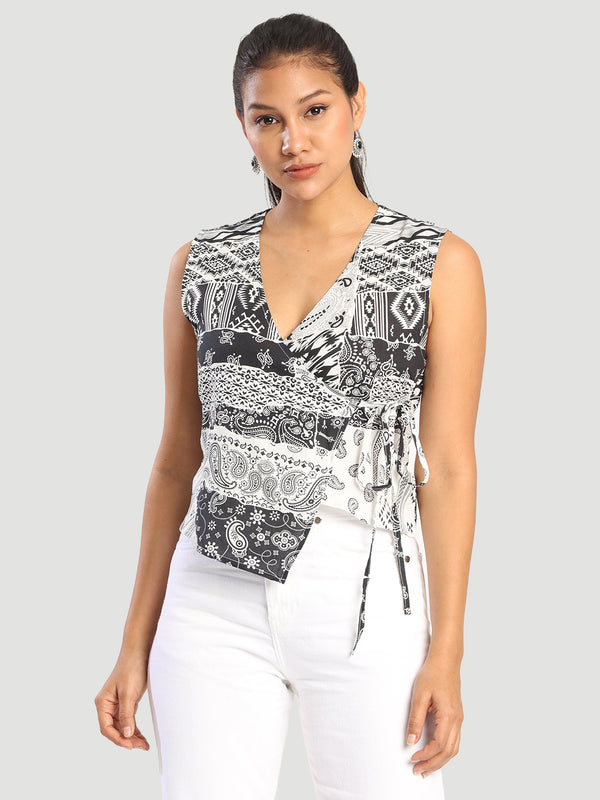 Women Over lap White and black printed Adjustable Top with side knot