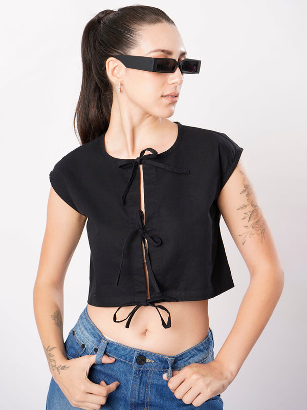 Women Black Front Tie-up Solid Top
