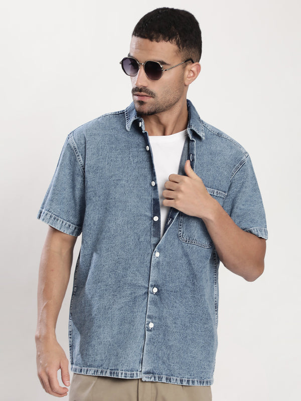 Men Light Blue Tinted Relax Fit  Denim Shirt