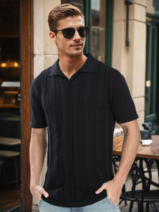 Men Black Structured Knit Polo T Shirt