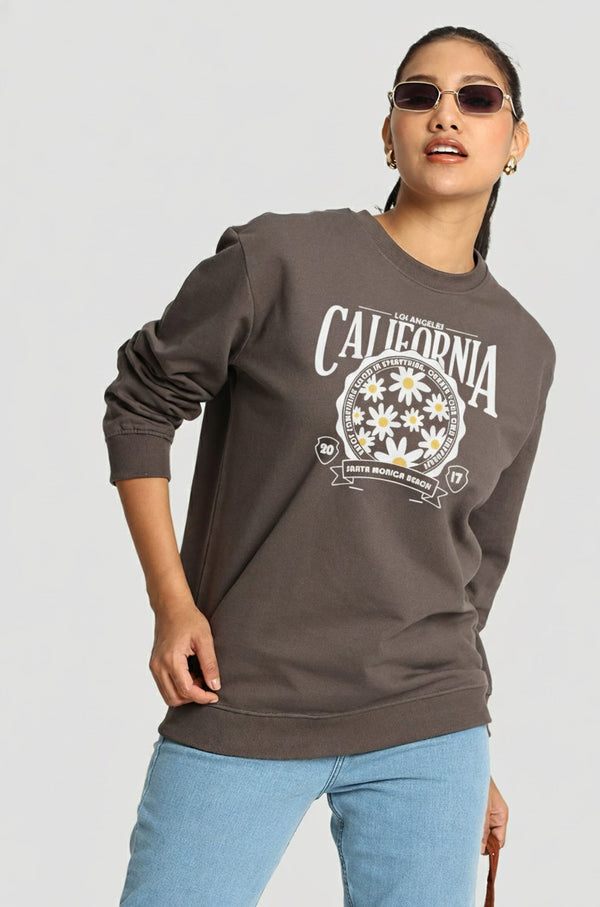 Women Relax Fit Grey Graphic Printed Pullover Sweatshirt
