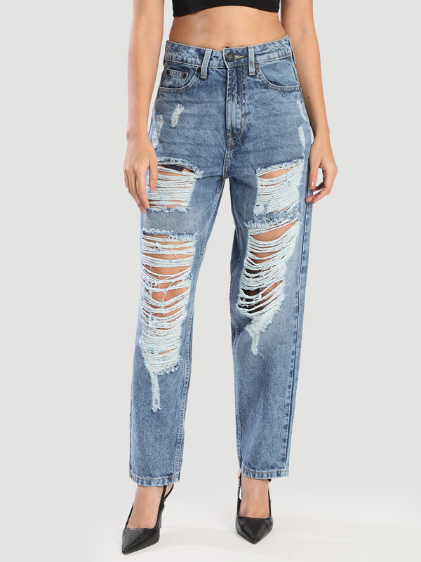 Women Carrot Fit Heavy Distress Jeans