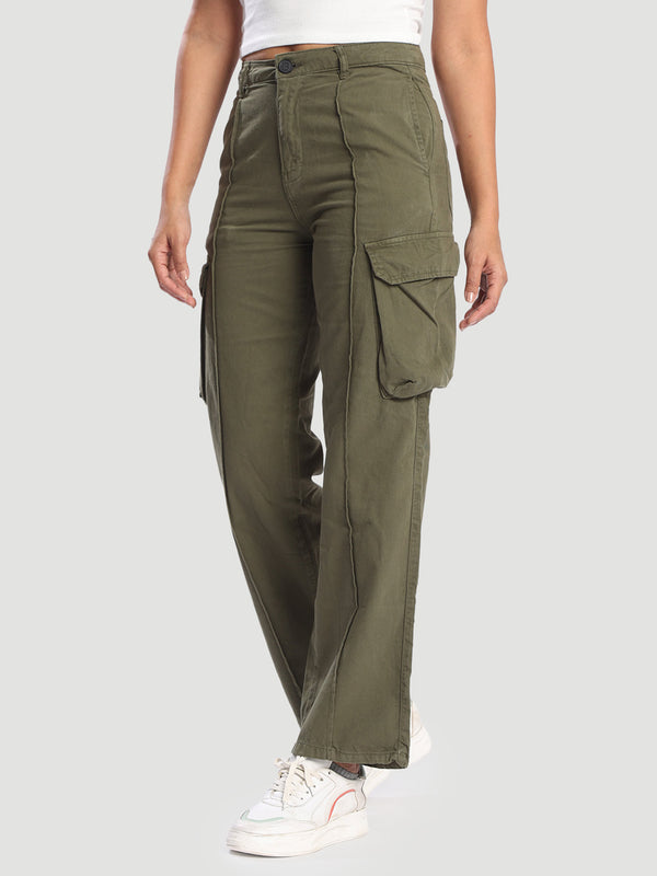 Womens cargo trouser with slanted pockets and front cut and sew till hem line