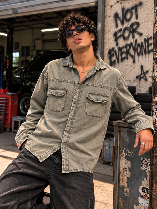 Men Light Olive Regular Acid Wash Casual Shirt