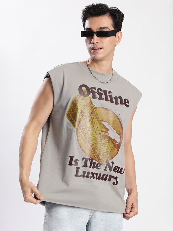 Men Grey Graphic Printed  Sleeveless Oversized Fir T-Shirt