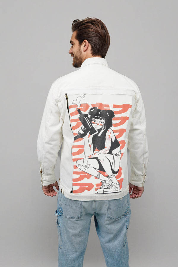 Unisex White Oversized Fit Denim Jacket With Swappable Graphic Patch