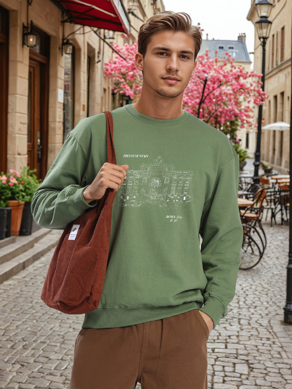 Men Crew Neck Drop Shoulder Graphic Printed Olive Sweatshirt