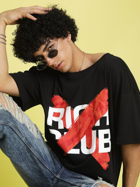 Men Black Typography Printed Oversized T-Shirt