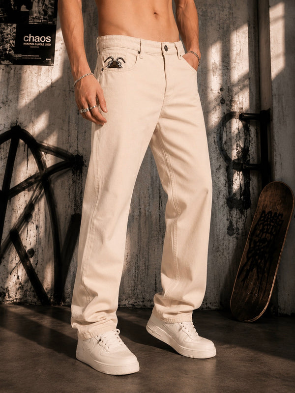 Men Ecru Badge Straight Fit Washed Jeans