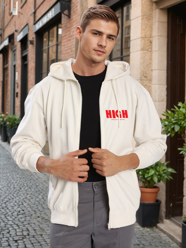Men Relaxed front zipper Graphic print Off white hoodie