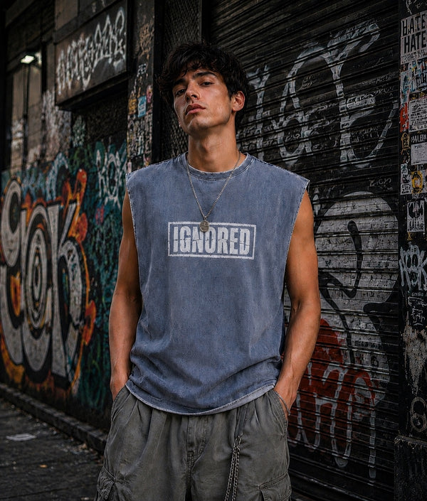 Men Blue Graphic Oversized Fit Acid Wash Dyed  Sleeveless T-Shirt