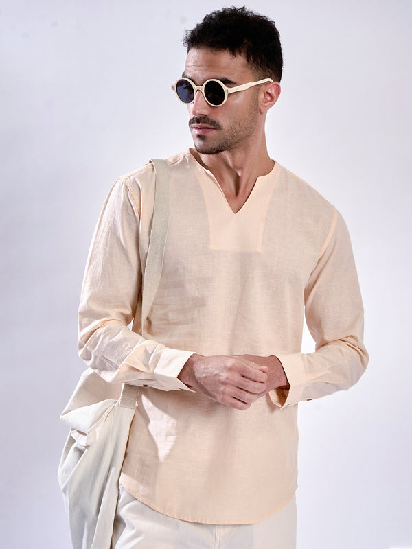 Men Peach Cotton Linen Slim fit Short Kurta