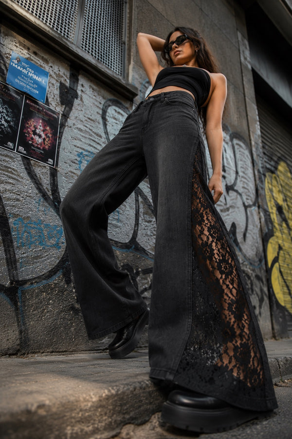 Women’s Lace Panel Wide-Leg Black Jeans