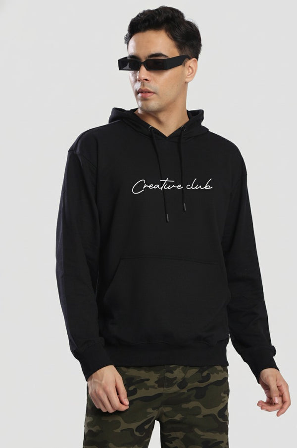 Men Light Weight Kangaroo Pocket Graphic Printed Black Hoodie