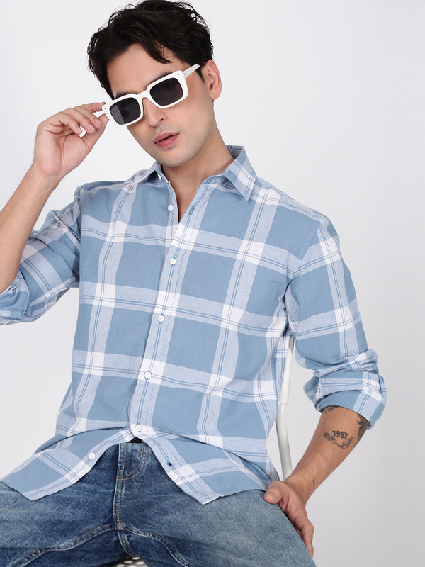 Men Blue Checked Slim Fit Textured  Shirt