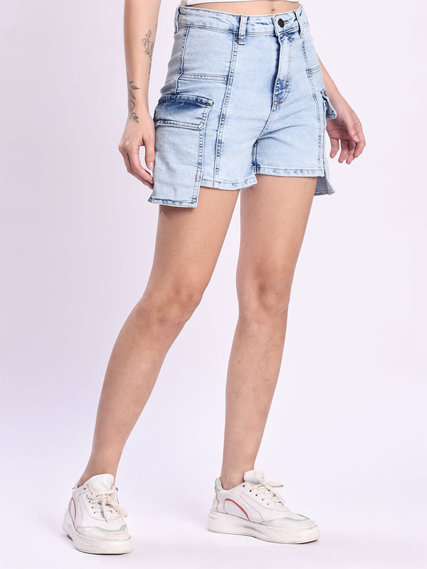 Women Blue Washed Denim Cargo Shorts