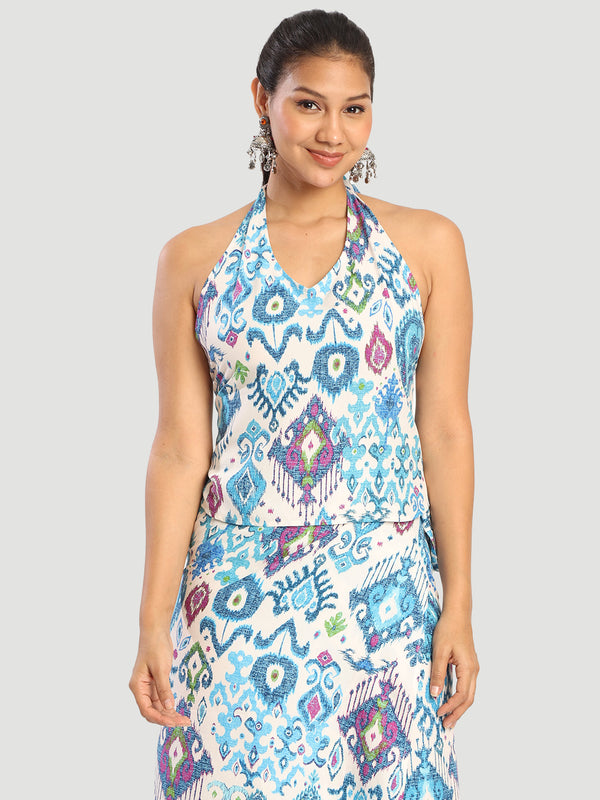 Womenabstract printed Halter neck tie up adjustable top