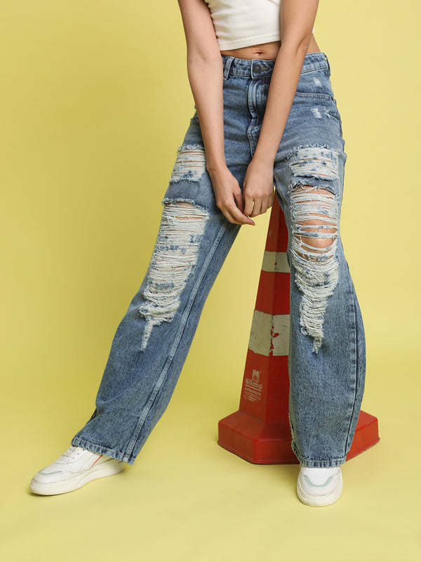 Women High-Waisted Distressed Straight Fit Jeans