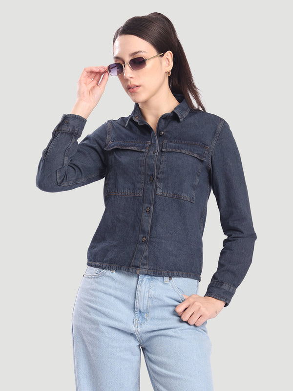 Women Blue Washed Regular Fit Denim Shirt