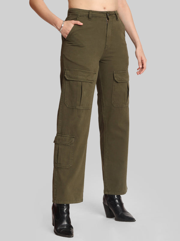 Women Mid-Rise Straight Fit Long Cargo Pocket Casual Trouser