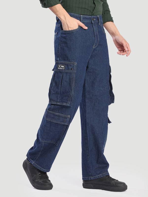 Mens 8 Pocket Blue Denim Cargo Jeans