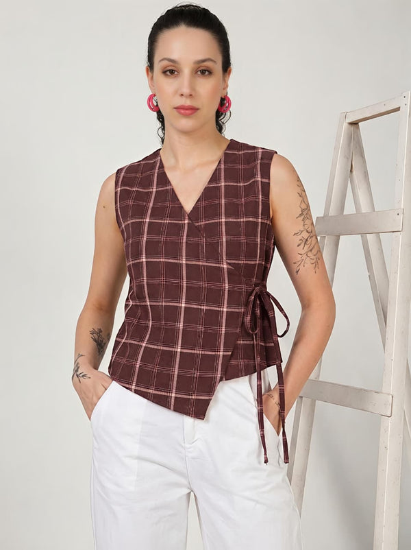 Women Over Lap Maroon Checked Adjustable Top With Side Knot