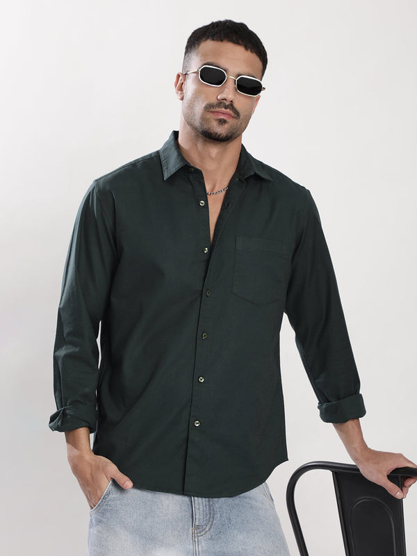 Men Green Solid Single Pocket Shirt