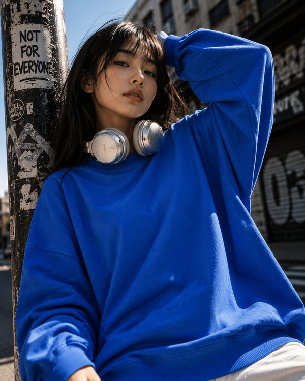 Women Royal Blue Solid Medium Length Oversized Sweatshirt