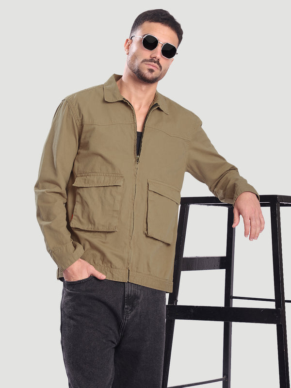 Men Khaki Relax Fit Jacket with Front zipper