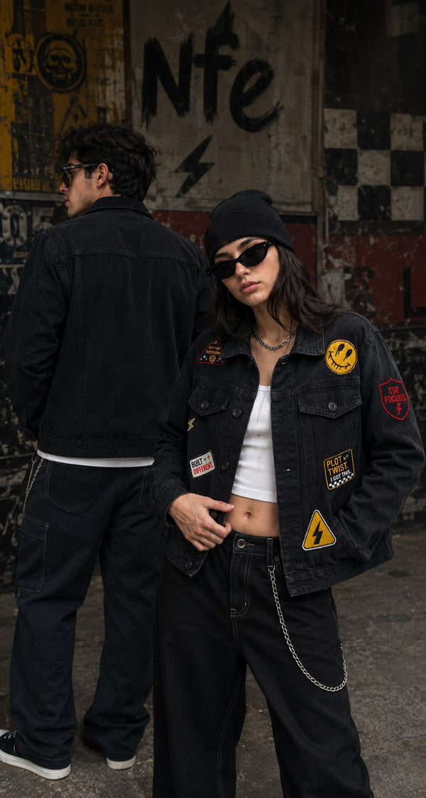 Unisex Relaxed Denim Jacket with Embroidered Badges
