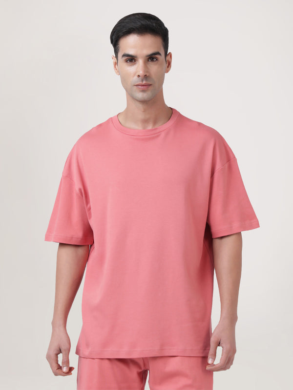 Men Peach Pink Oversized Solid T-Shirt