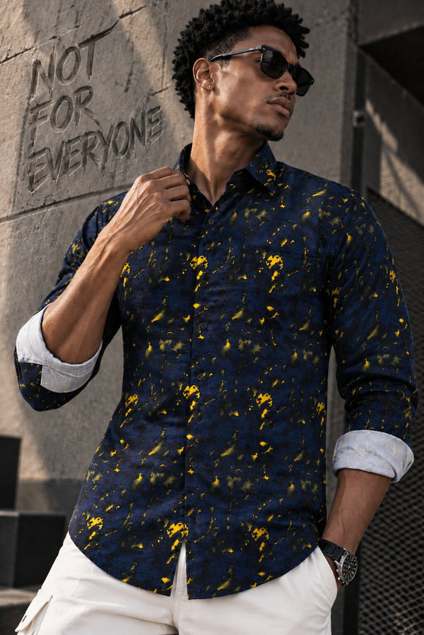 Men Blue and Yellow Abstract Print Single Pocket Shirt