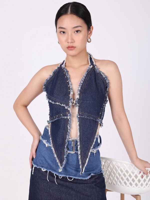 Women Blue Denim Crop top with Tie up Detail