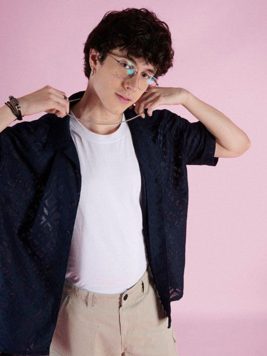 Men Oversized Fit Textured Cuban Collar Casual Shirt