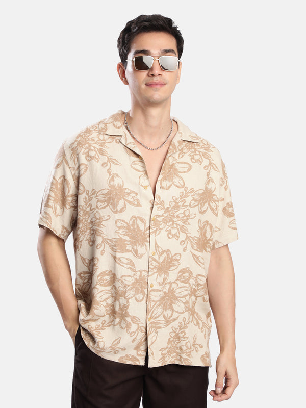 Mens Tan Resort Collar Floral Print Shirt