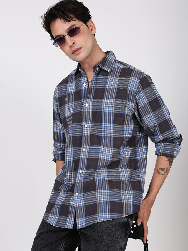 Men Blue and Grey Checked Single Pocket Shirt