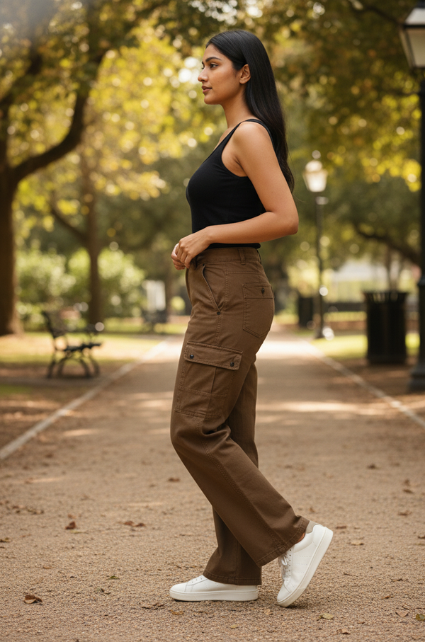 Women Brown Straight Fit  cotton Cargo Trousers