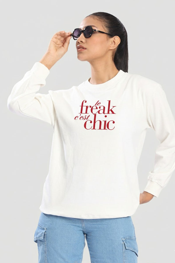 Women Off White Relax Fit Graphic Printed Pullover Sweatshirt