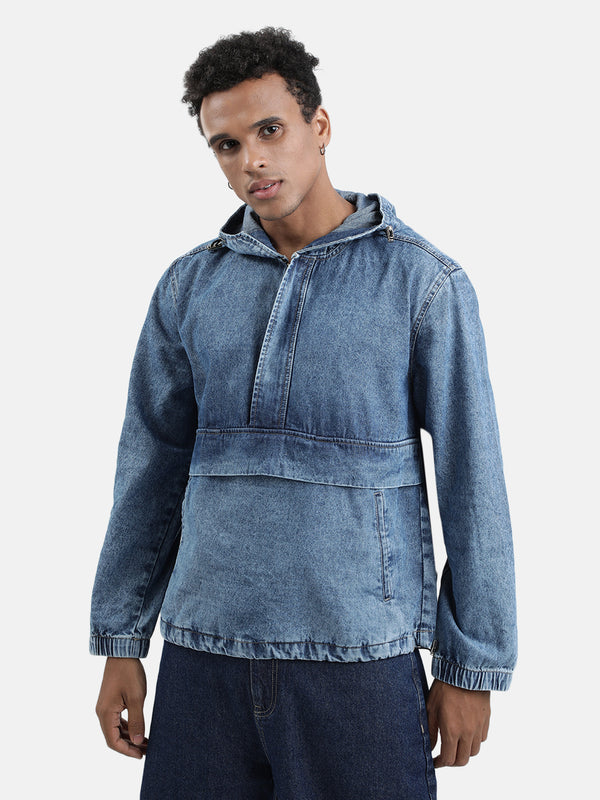 Washed Hooded Pure Cotton Relaxed Fit Denim Jacket